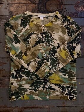 Garnet Hill Green Multi-Pattern Camo Merino Wool Button Down Cardigan